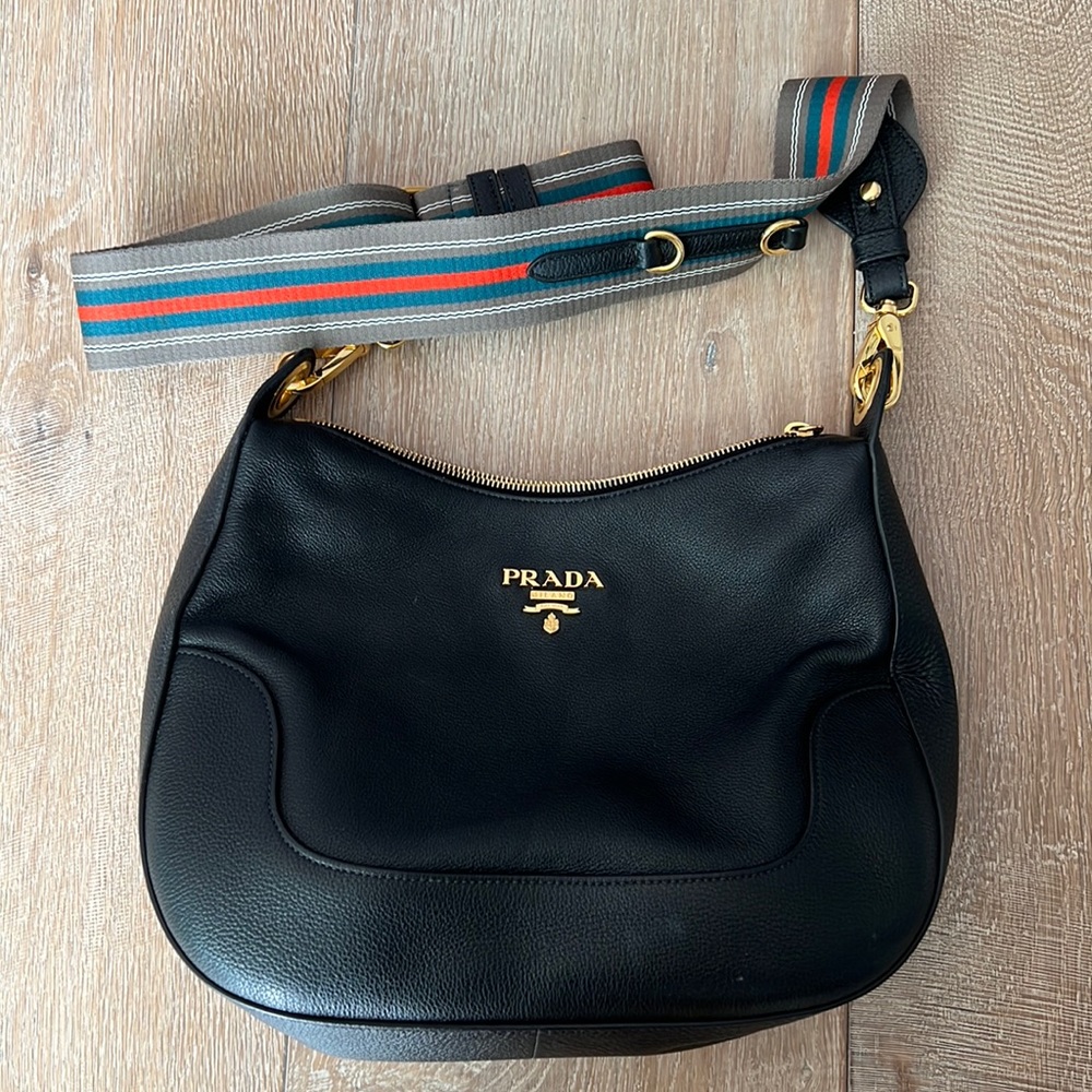 Prada Black Leather Hobo with Multicolor Striped Strap